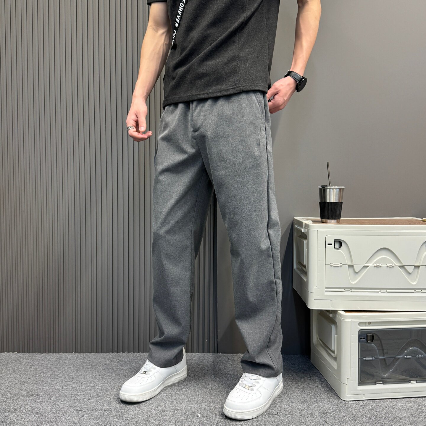 男士休闲松弛感西裤配腰带款新款潮流都市高智感通勤宽松直筒裤子
