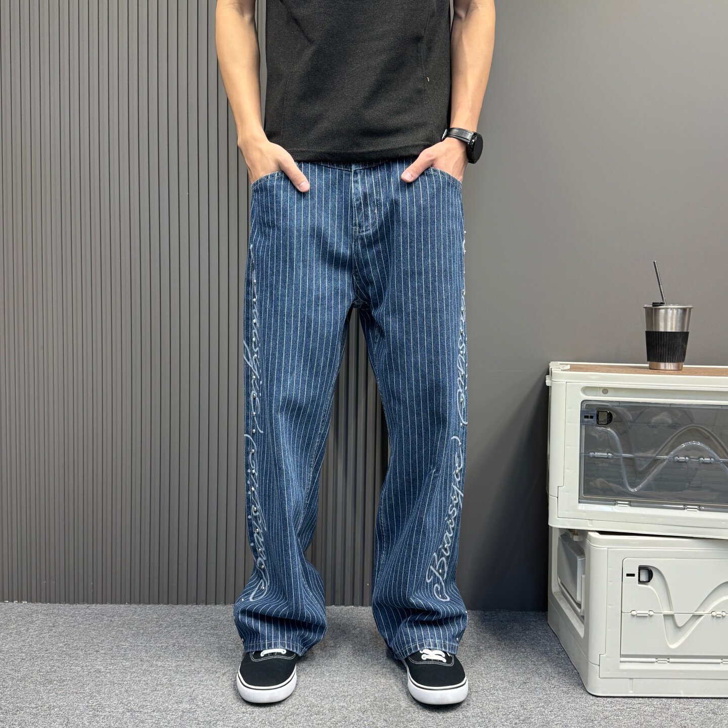 男士深蓝水洗条纹阔腿牛仔裤