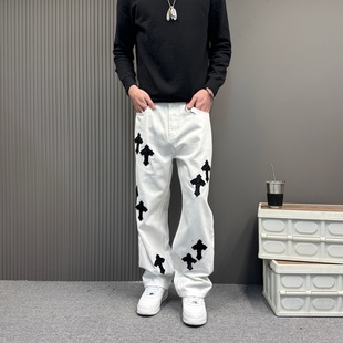 2026春秋季新款韩版时尚宽松十字架皮标牛仔裤设计感休闲直筒长裤