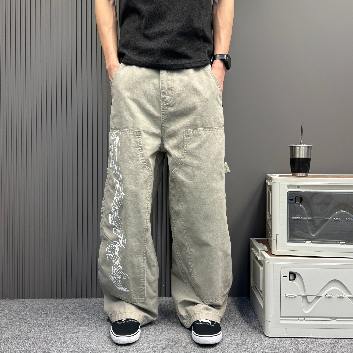 复古高街工装风牛仔裤男女新款潮牌嘻哈爵士舞宽松阔腿设计感长裤