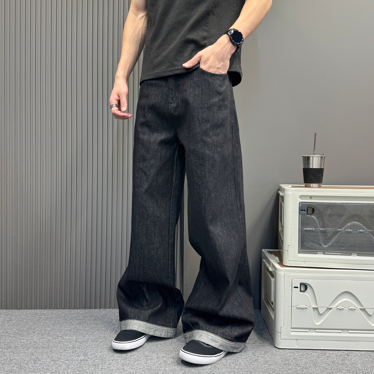 美式复古撞色原牛黑色牛仔裤男痞帅高街阔腿裤女宽松版直筒裤春秋