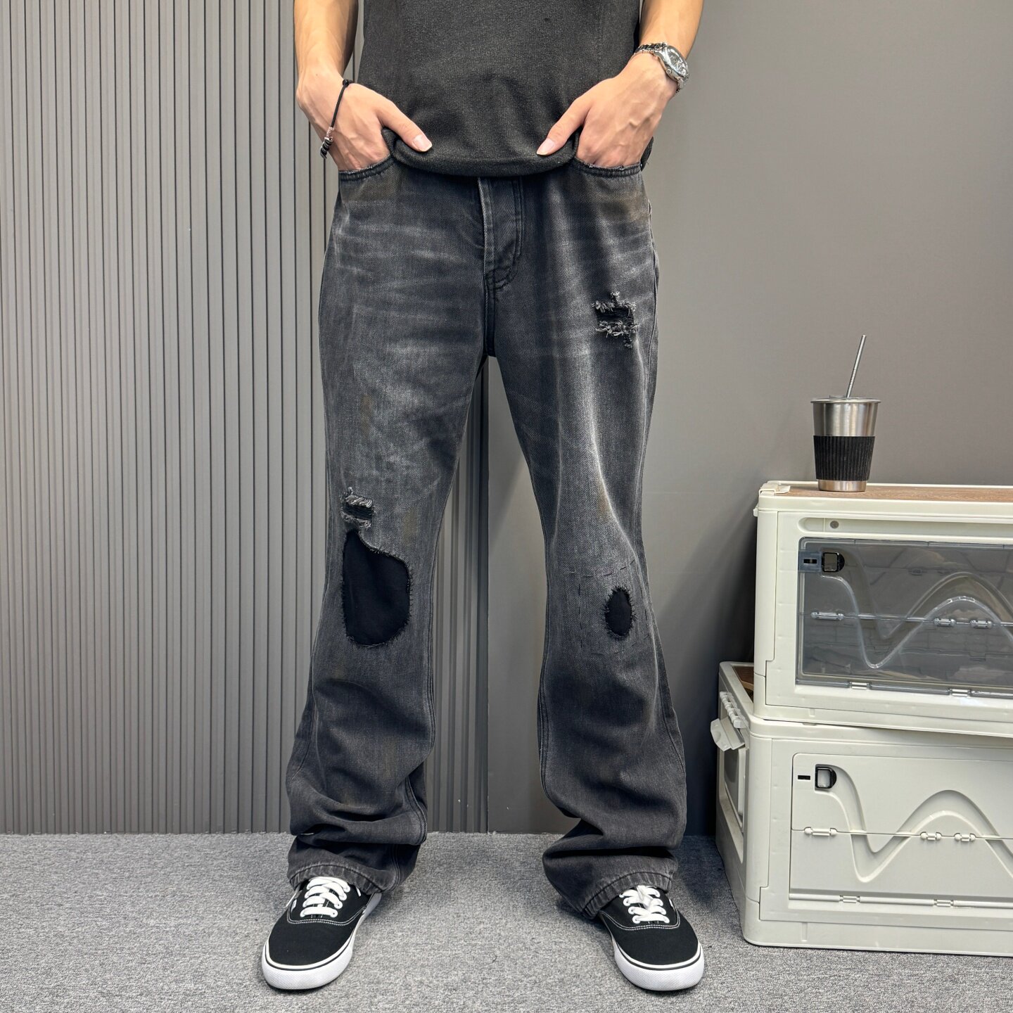 复古黑灼烧补丁破坏牛仔裤 男女款夏季薄款宽松直筒显瘦垂感长裤