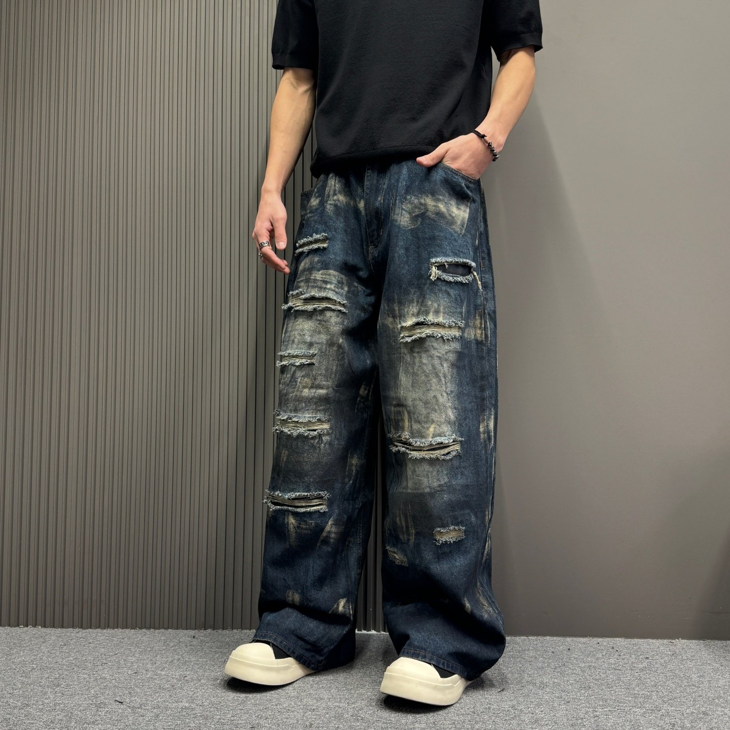 街头潮流废土风假破洞直筒牛仔裤男款重磅水洗做旧宽松阔腿长裤子,男装,牛仔裤,淘宝优惠券,粉丝福利购,淘宝优惠卷