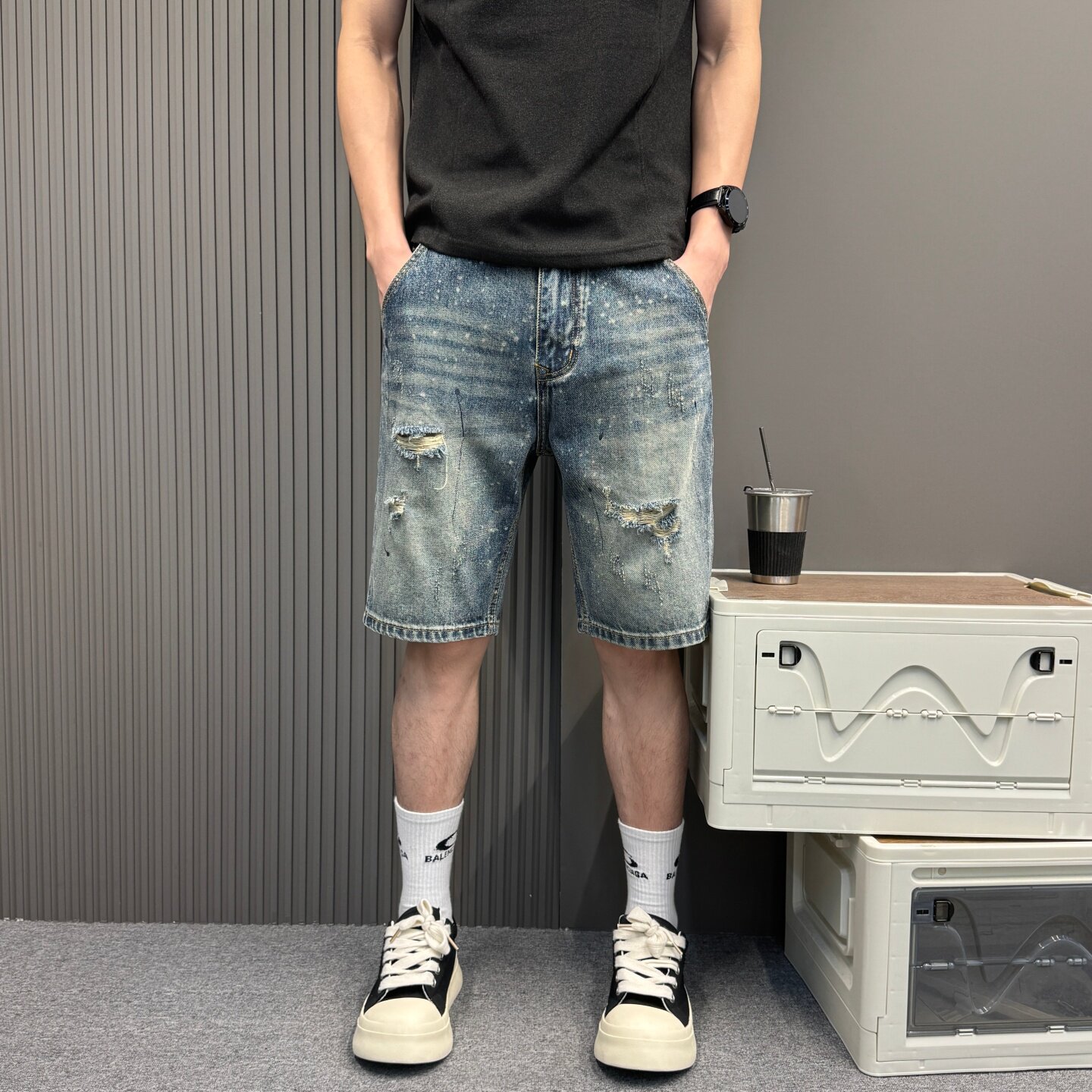 水洗泼墨破洞牛仔短裤男2026夏季新款美式潮牌个性直筒宽松五分裤