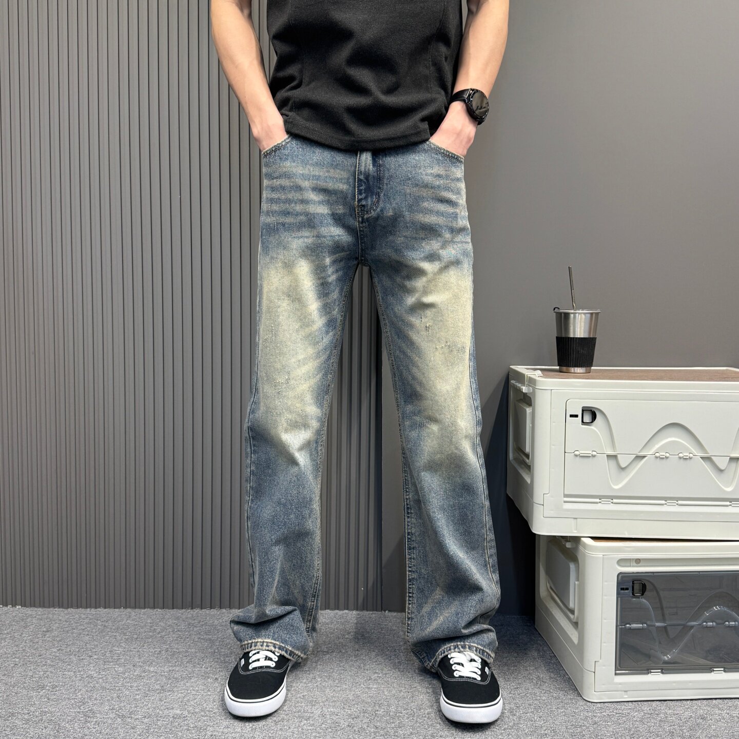 欧货夏季牛仔裤男生复古个性长裤直筒裤蓝色显瘦休闲阔腿裤子夏天