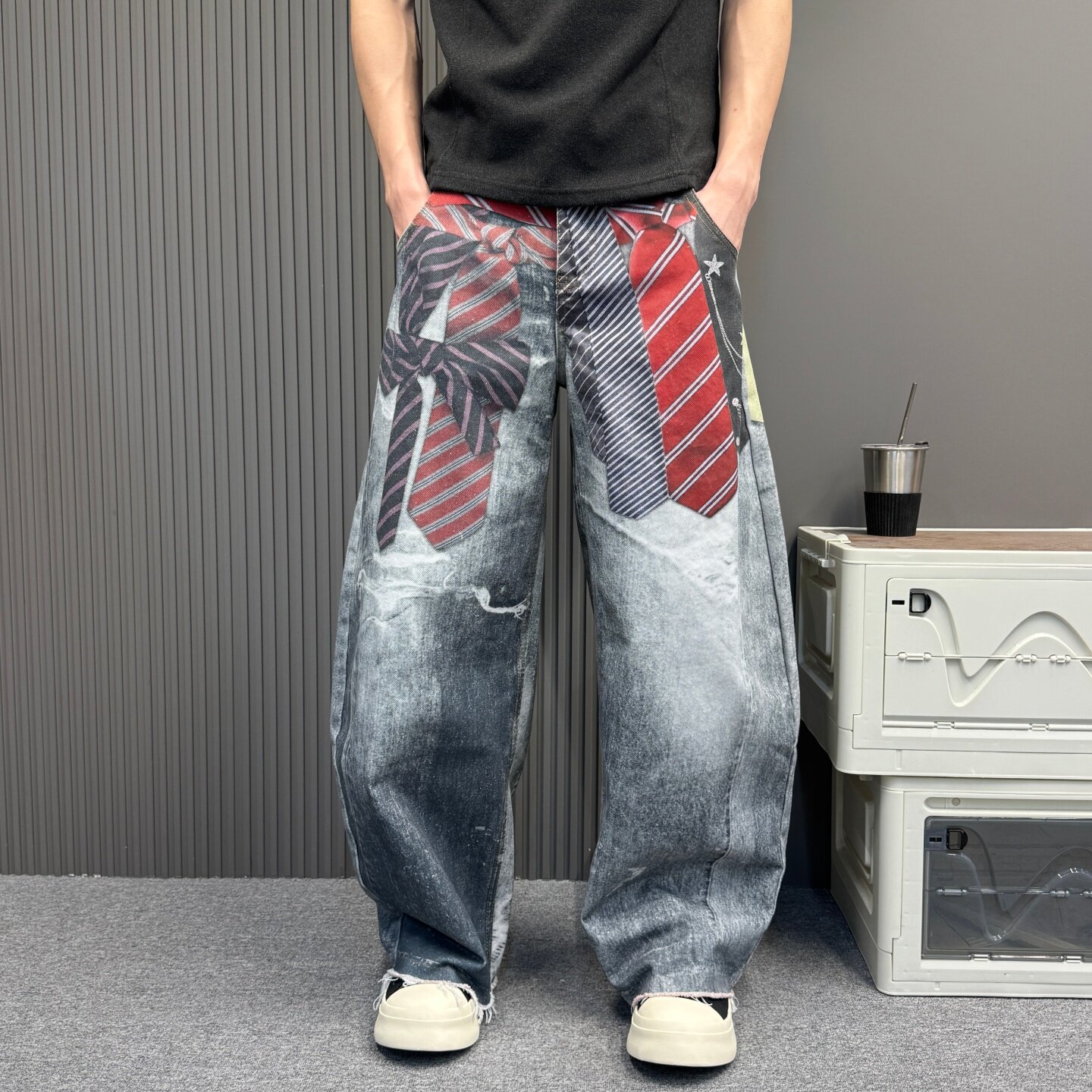 学院风领带满印牛仔裤男女同款渐变水洗破洞宽松阔腿拖地休闲长裤