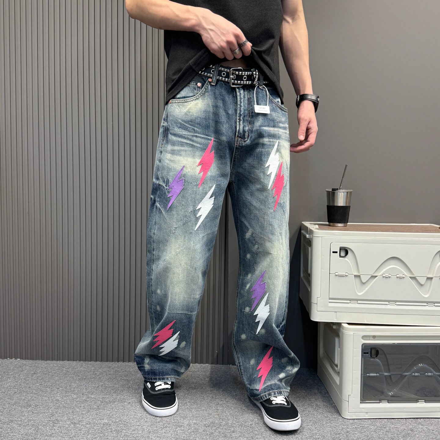 韩版蓝色拼皮牛仔裤男青年重磅潮牌宽松直筒阔腿裤个性嘻哈长裤子