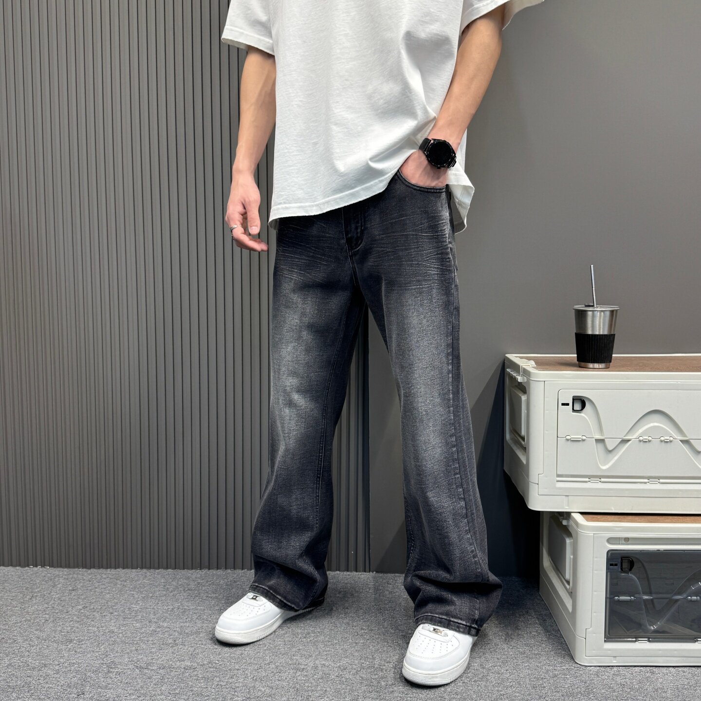 美式复古黑色微喇牛仔裤男款春季美式高街裤子水洗猫须宽松阔腿裤