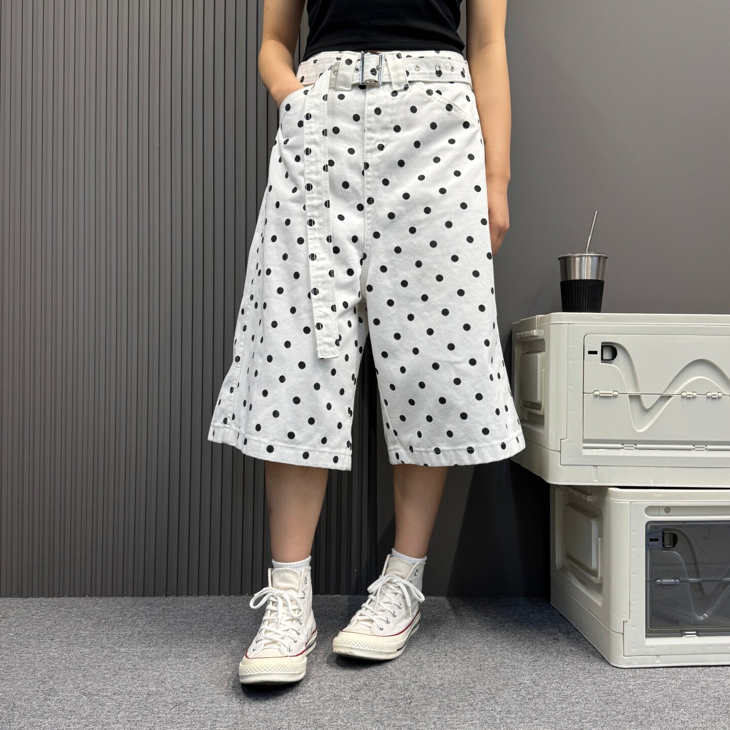 美式复古日常百搭休闲波点工装牛仔裤 女夏季宽松阔腿百搭七分裤