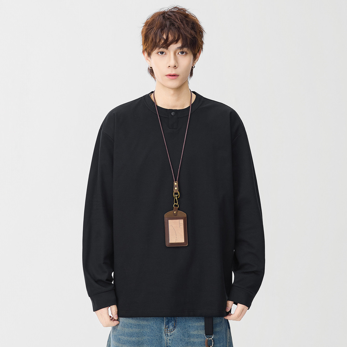 长袖t恤男款 春季潮牌日系ins上衣复古慵懒风横纹圆领宽松体恤衫