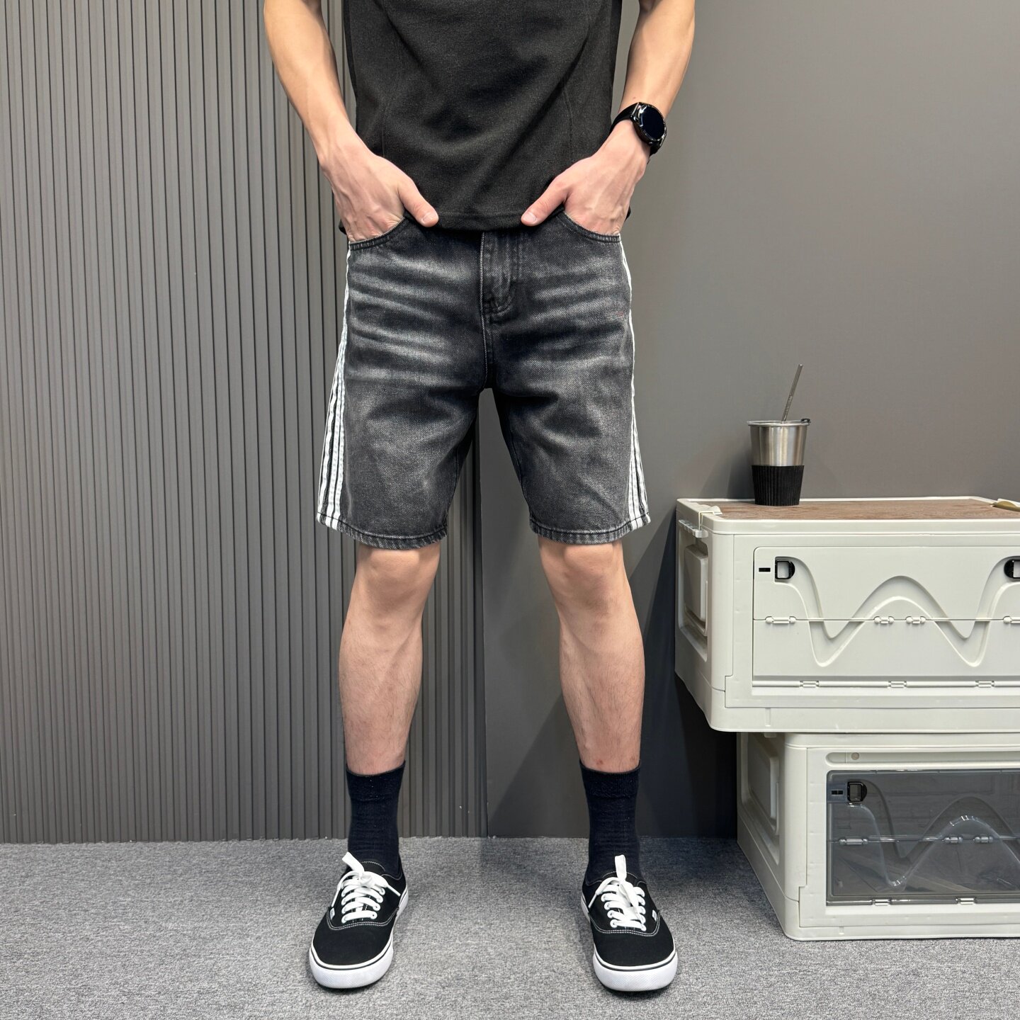夏街头风新款牛仔短裤男宽松直筒痞帅百搭免烫条纹拼接潮牌五分裤