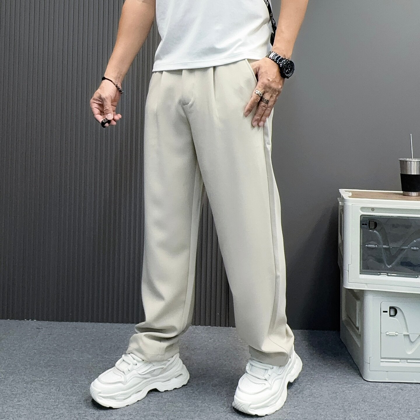 老钱风休闲裤西裤男秋冬打褶垂感裤子日系简约潮流休闲直筒西装裤