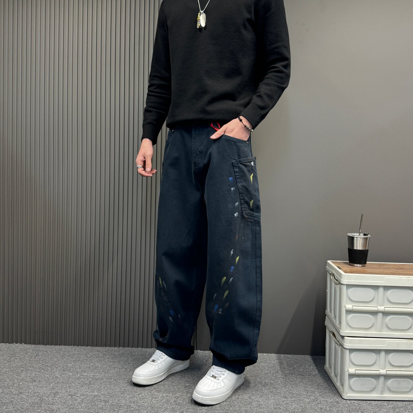 美式涂鸦拼接多口袋工装牛仔裤男女同款2026春秋新款弯刀阔腿长裤