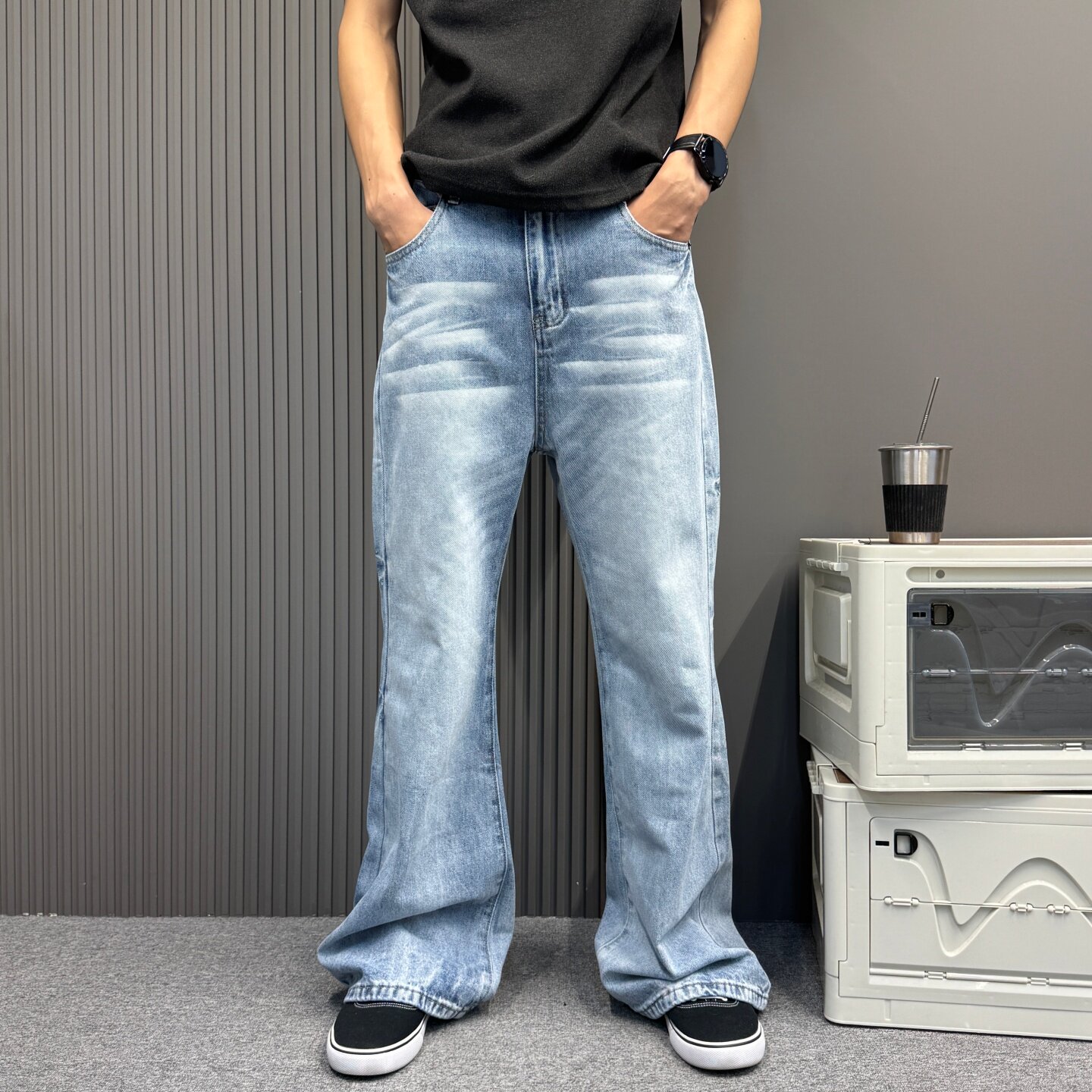 美式街头原创设计冰蓝微喇显瘦牛仔裤男女款夏季宽松直筒百搭长裤