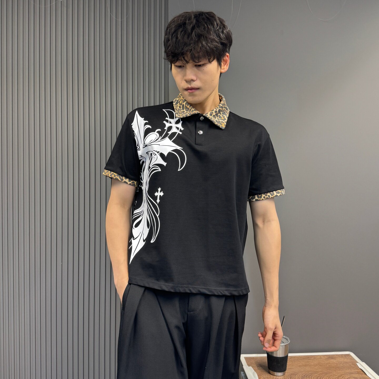 高街风潮流翻领POLO衫男女短袖 印花豹纹衣领拼接设计宽松T恤情侣