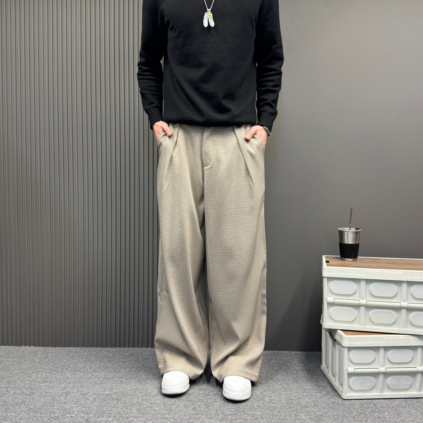 春款老钱风弯刀打褶阔腿百搭千鸟格西裤中性男女松弛感休闲长裤子