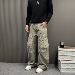 复古潮牌褶皱设计感灰色多口袋工装弯刀牛仔裤男女宽松显瘦直筒裤