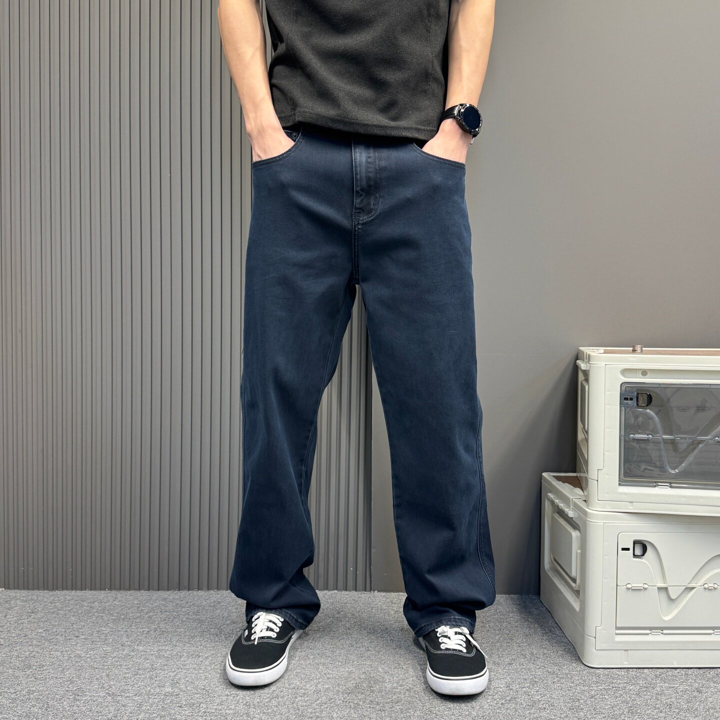 轻商务深蓝色直筒裤男水洗质感休闲裤简约显瘦通勤百搭男士长裤