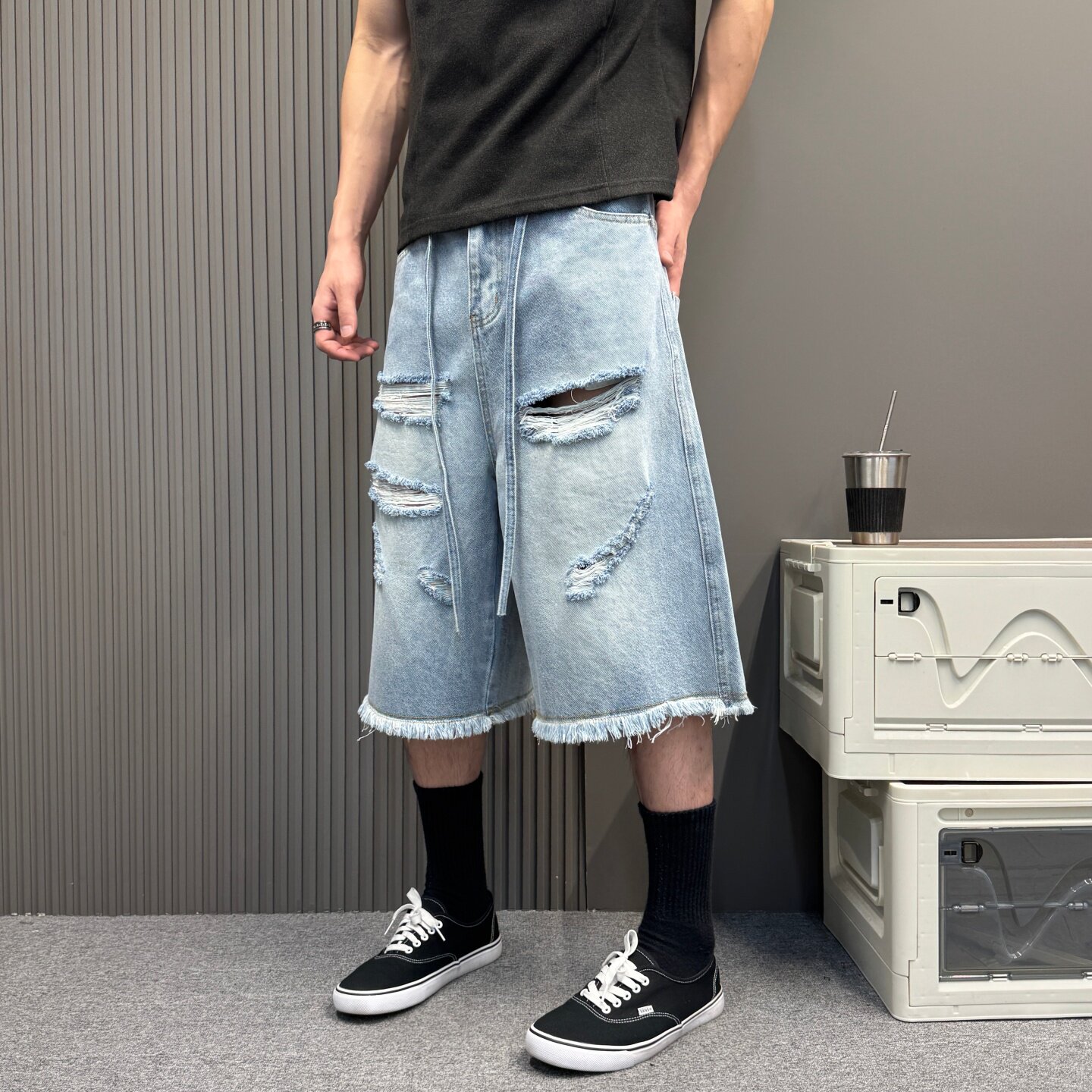 美式街头复古街头破洞牛仔短裤男女款夏季宽松流苏七分裤夏季裤子