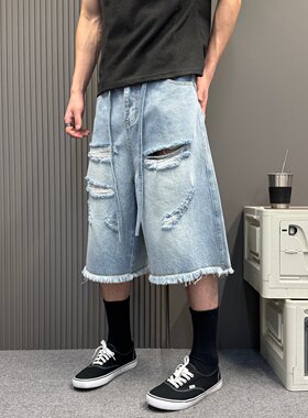 美式街头复古街头破洞牛仔短裤男女款夏季宽松流苏七分裤夏季裤子