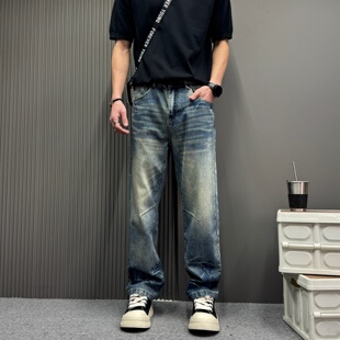 美式复古牛仔裤男士2026新款春秋季宽松直筒潮牌高街闪电纹理长裤
