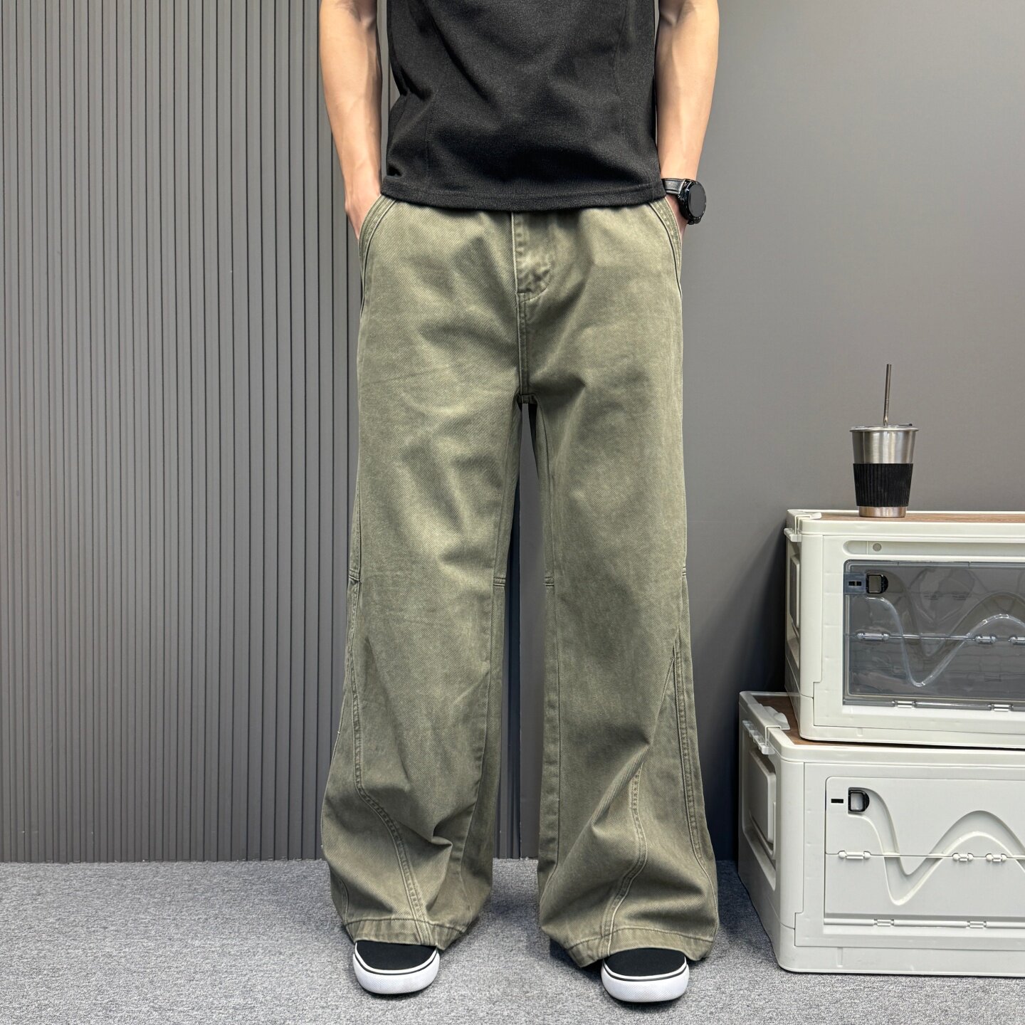 美式复古军绿色阔腿牛仔裤男女款秋季情侣设计感斜切工装裤子潮牌