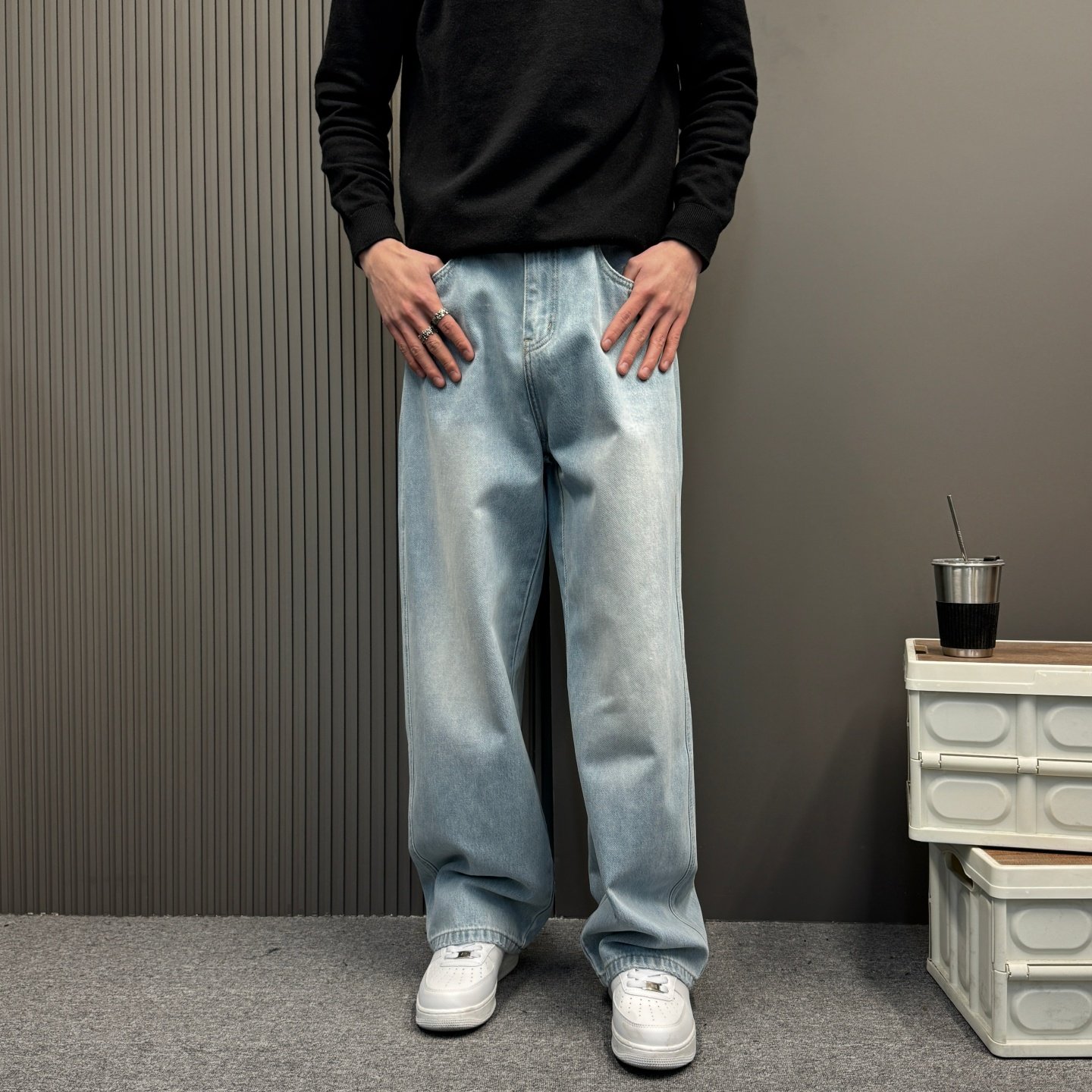 复古美式基础款裤休闲潮牌水洗做旧款阔腿牛仔裤男宽松直筒长裤