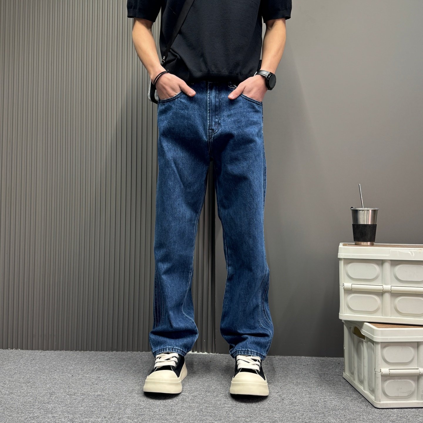 美式高街复古水洗牛仔裤时尚潮流男款春秋蓝色宽松直筒休闲长裤子