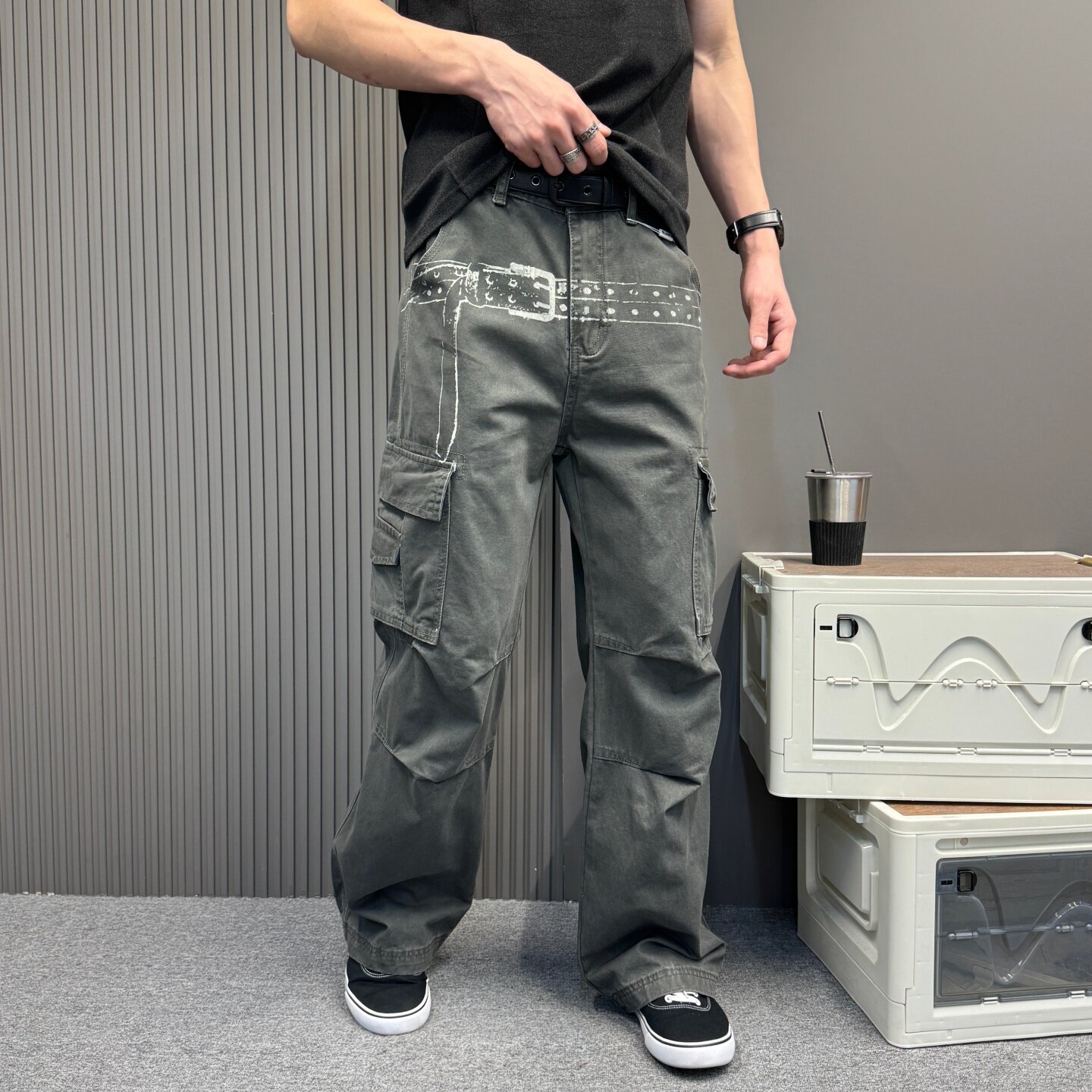 新复古设计款腰带印花工装风多口袋水洗做旧长裤男女宽松休闲裤潮