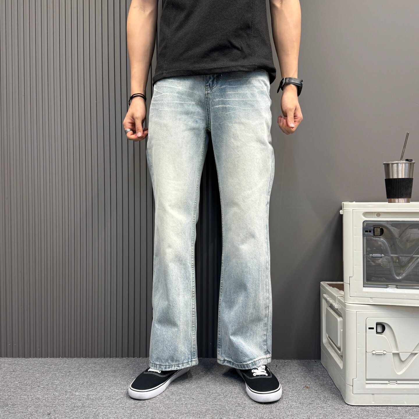 高街水洗直筒宽松冰蓝水洗牛仔裤男女款做旧阔腿休闲垂感百搭长裤
