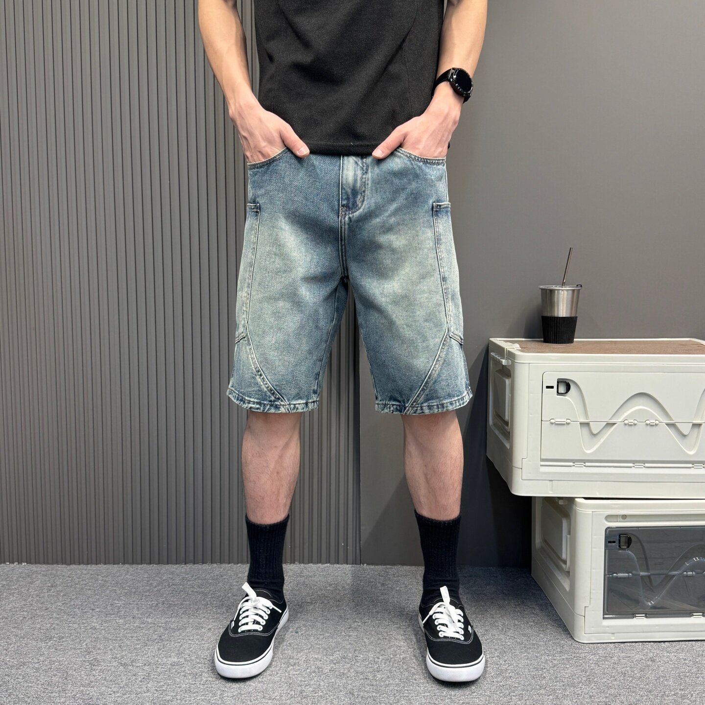 夏季薄款工装牛仔短裤男士浅蓝宽松直筒五分百搭外穿休闲中裤子