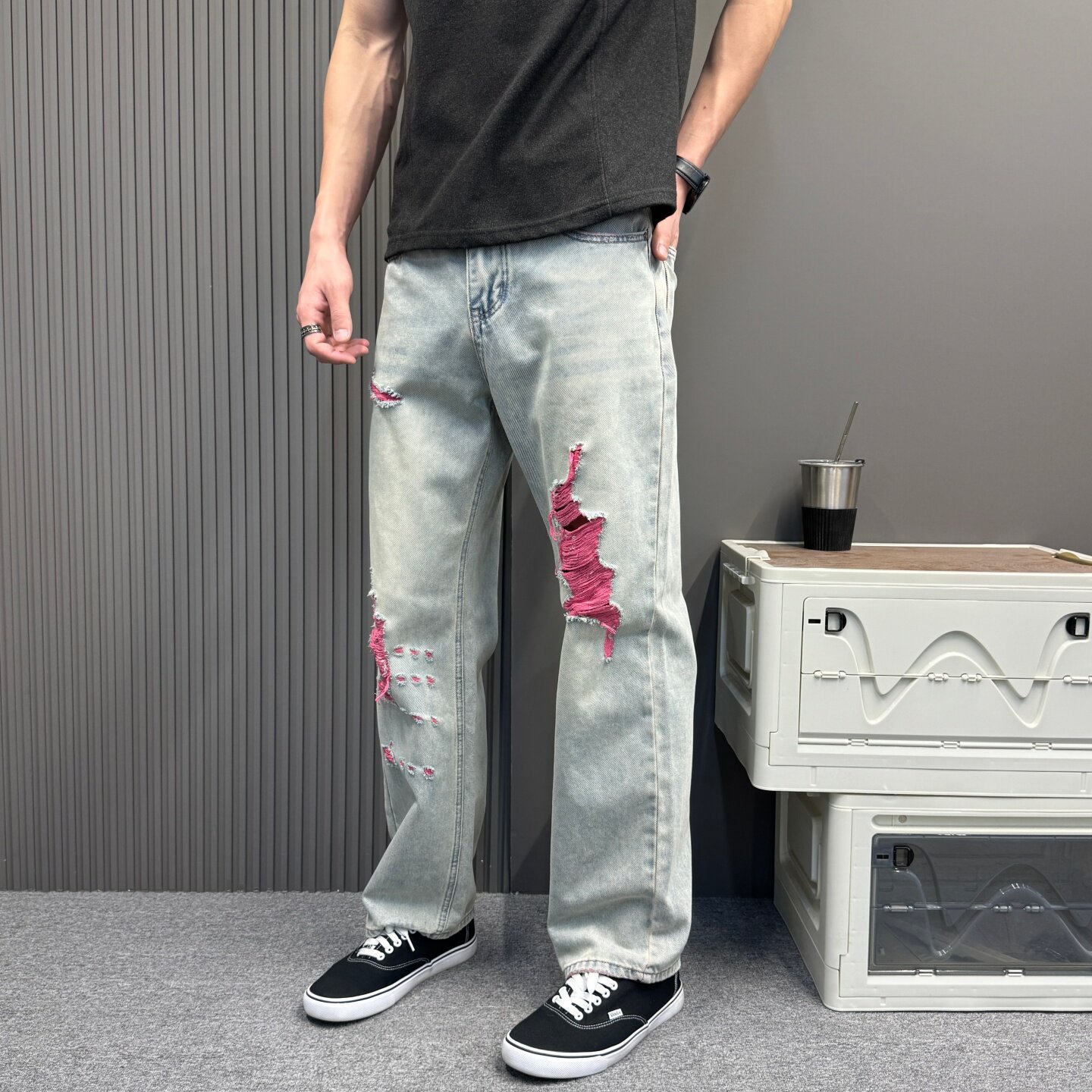 原创设计感春夏薄款高街破洞撞色牛仔裤男宽松直筒休闲时尚裤子女
