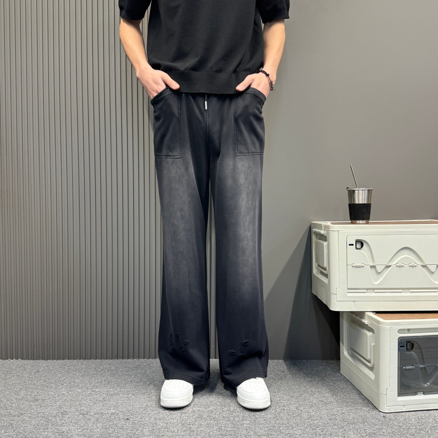 美式复古抽绳条纹休闲裤子男春季薄款做旧渐变直筒裤潮牌宽松长裤