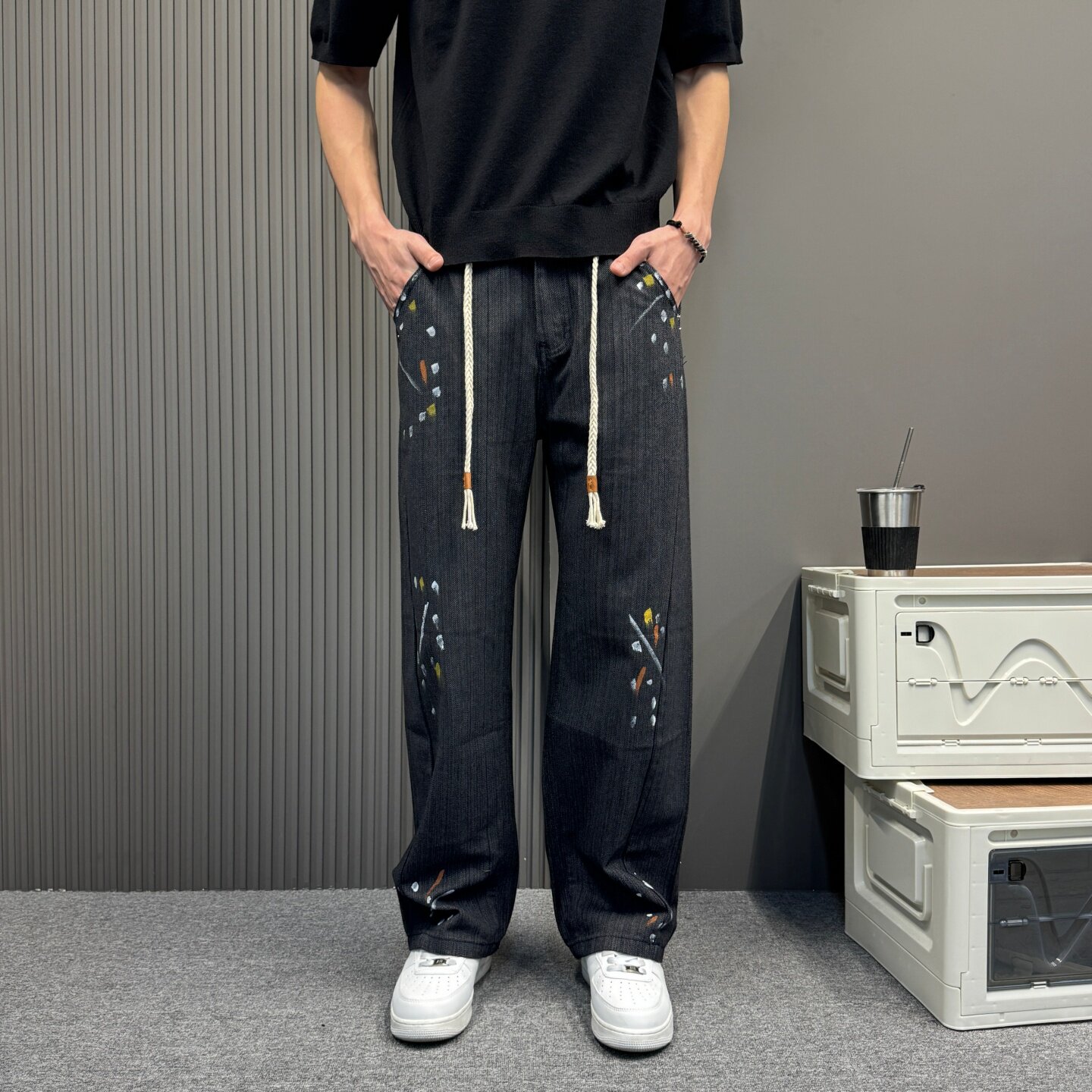 美式休闲痞帅重磅黑色拼接泼墨牛仔裤男直筒宽松高街阔腿弯刀裤子