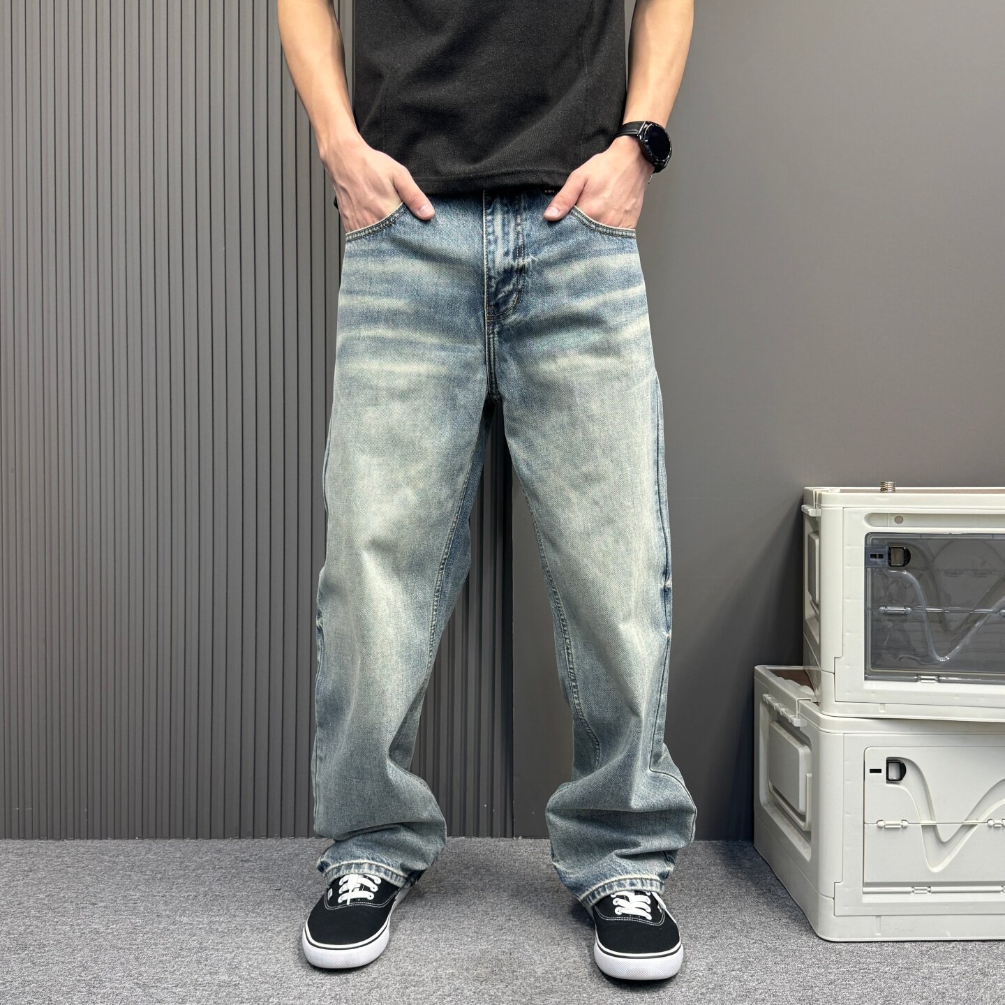 日系cityboy浅蓝做旧牛仔裤男直筒裤宽松休闲日常工装风长裤子
