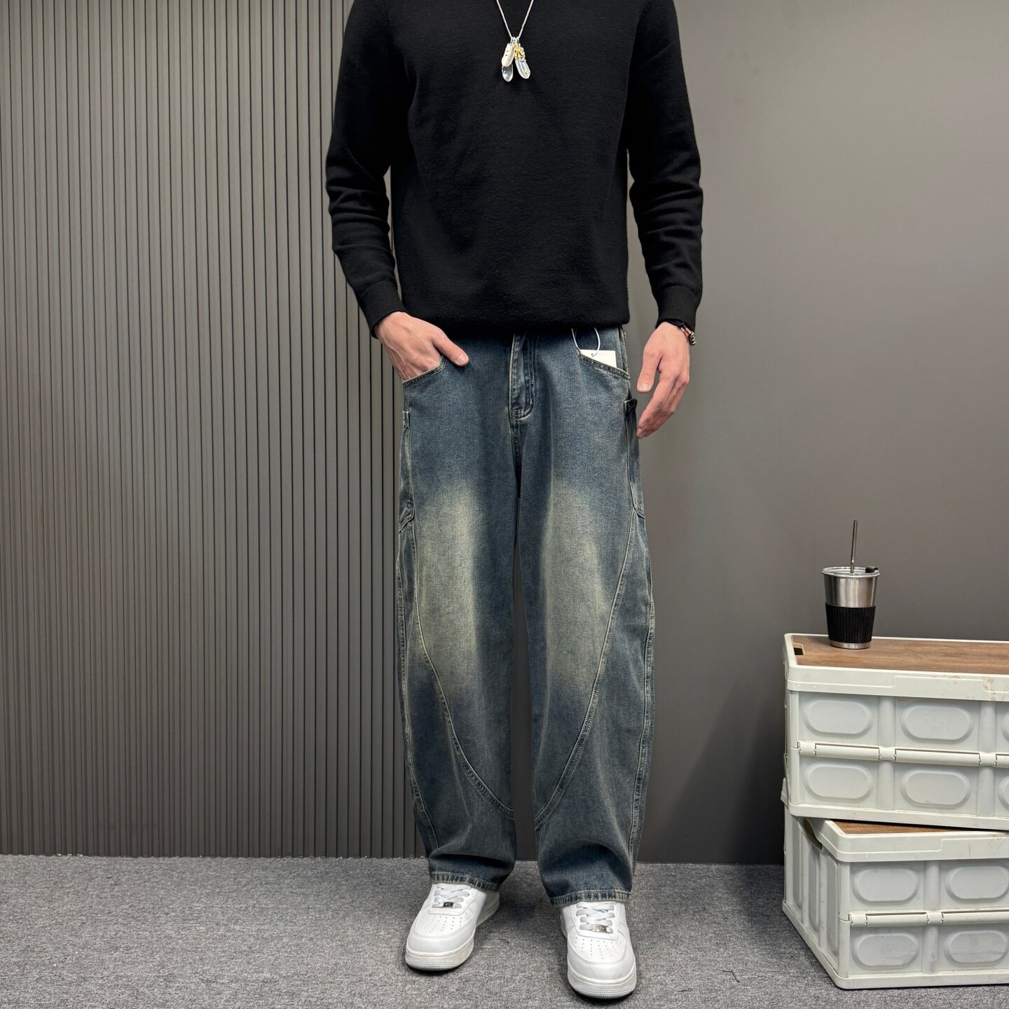 美式复古牛仔裤男春秋季痞帅宽松阔腿直筒裤子新款潮牌弯刀工装裤