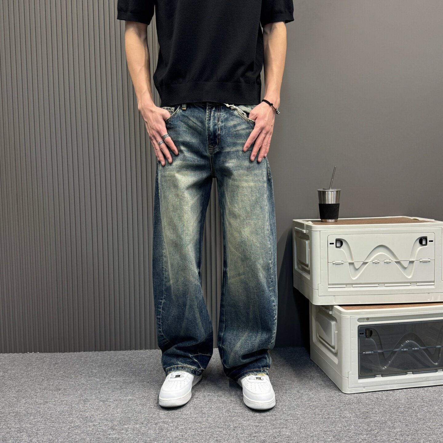 高端美式复古水洗重磅牛仔裤子男士春秋宽松直筒阔腿潮流休闲长裤