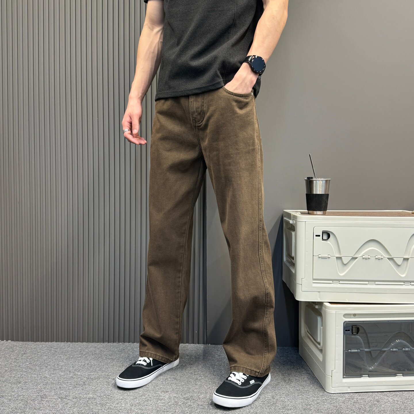 美拉德棕色牛仔裤男春秋新款直筒宽松阔腿裤美式复古垂感休闲长裤