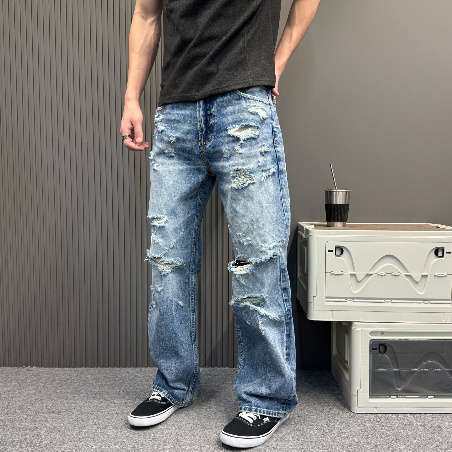 美式夏季破坏破洞磨毛牛仔裤女宽松水洗显瘦遮肉复古男休闲长裤潮
