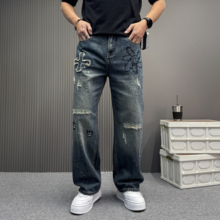 2026春季新款男士阔腿裤子痞帅街头风美式牛仔裤男潮流宽松直筒裤