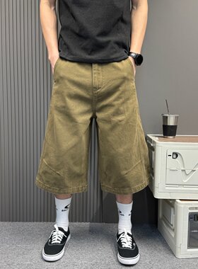 美式复古高级棕色七分阔腿牛仔裤男女同款夏季新款水洗显瘦直筒裤