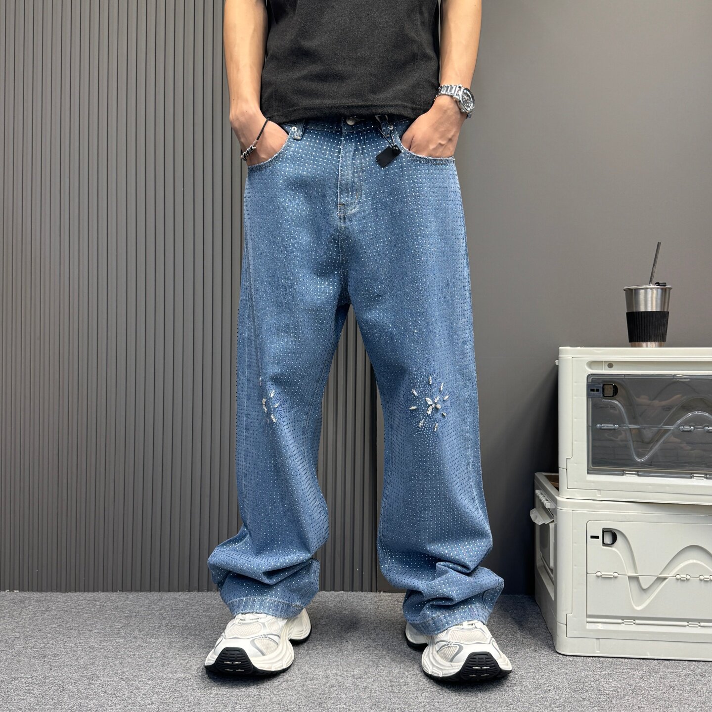 美式小众光芒水钻满天星牛仔裤男女时尚都市宽松直筒长裤子情侣潮