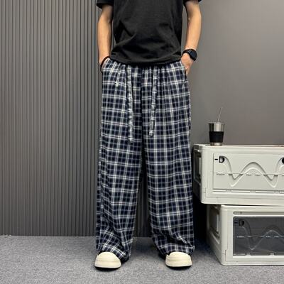 美式复古格子日常潮流休闲裤男女同款夏松紧系带宽松阔腿拖地长裤