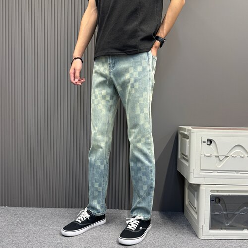 夏季撞色棋盘格定制休闲青春流行牛仔裤宽松男女款士个性直筒长裤