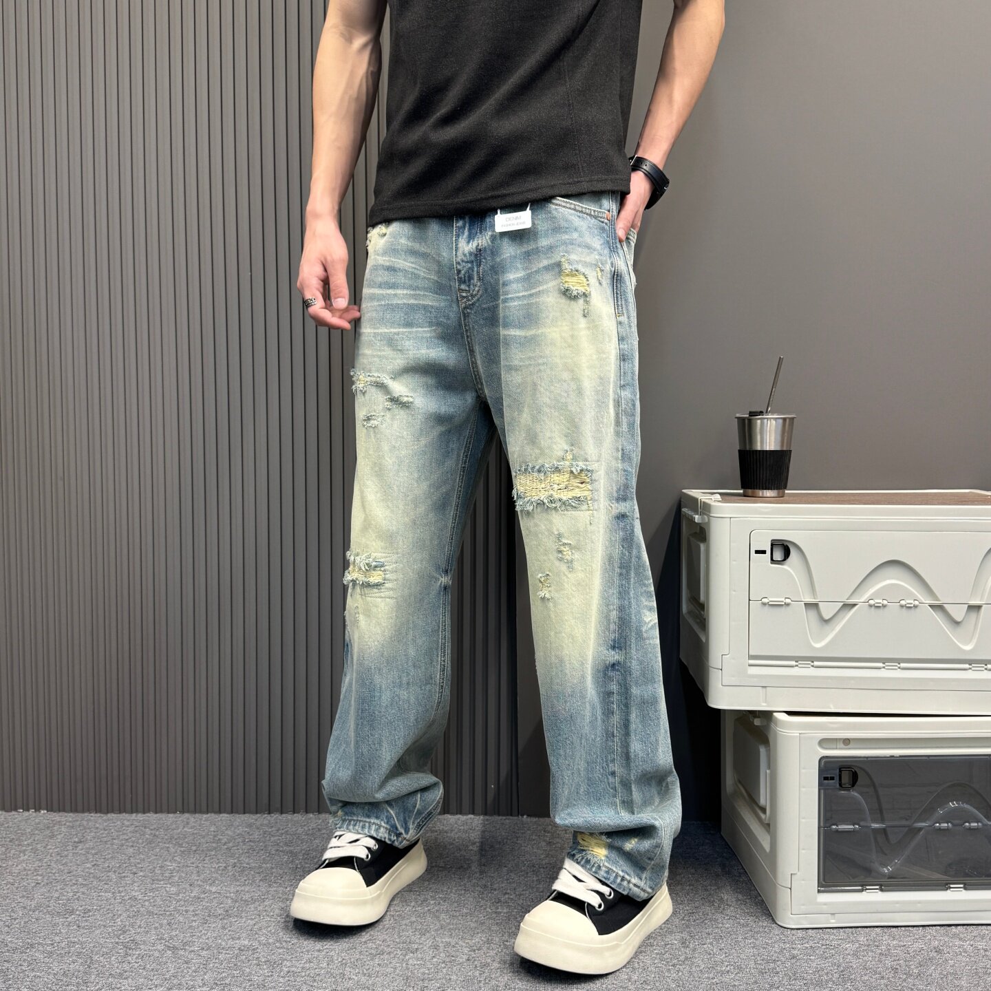 青少年水洗做旧破洞牛仔长裤男士潮牌宽松直筒渐变高街风阔腿裤子