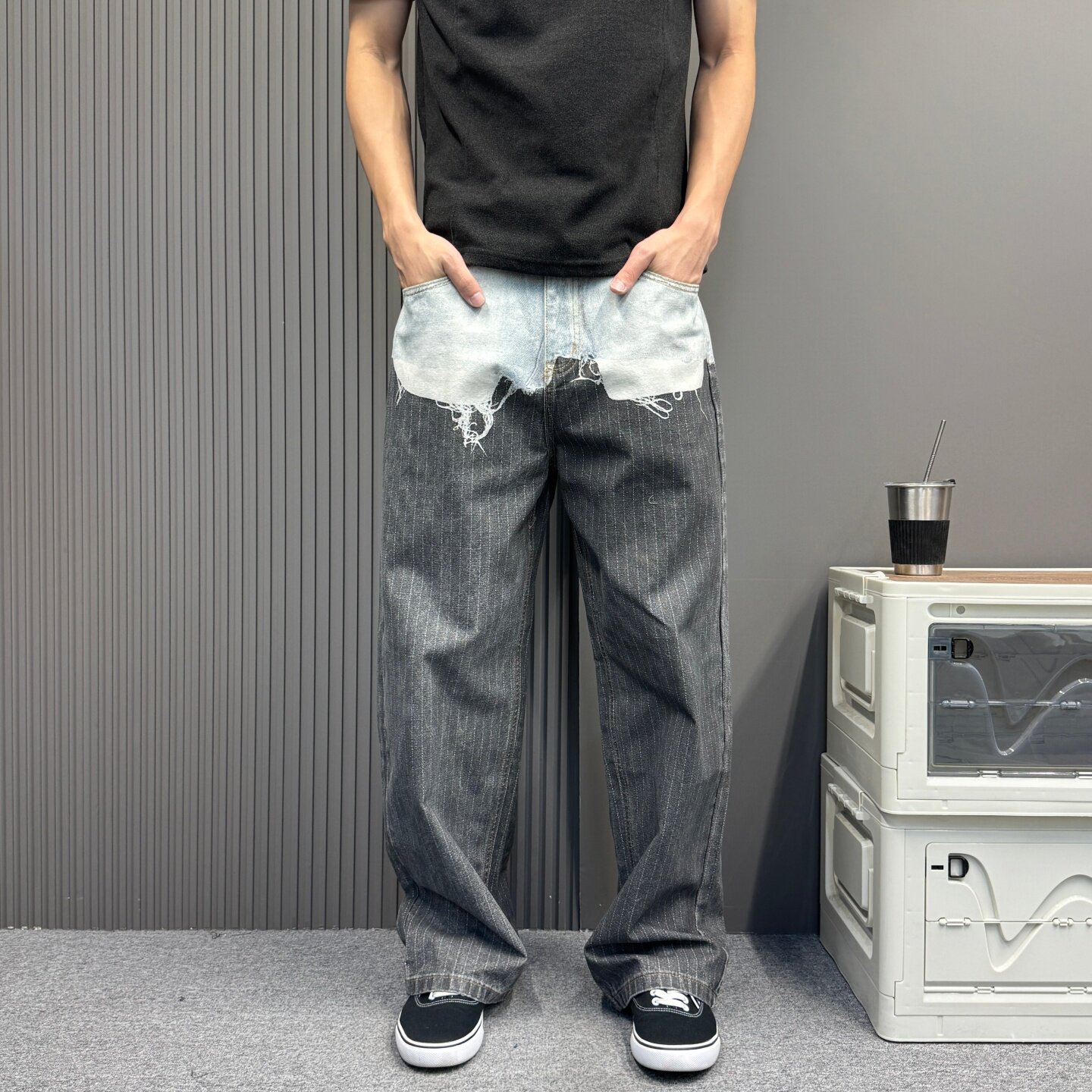 美式复古廓版设计感3D打印牛仔裤子男女假两件条纹直筒拖地裤情侣
