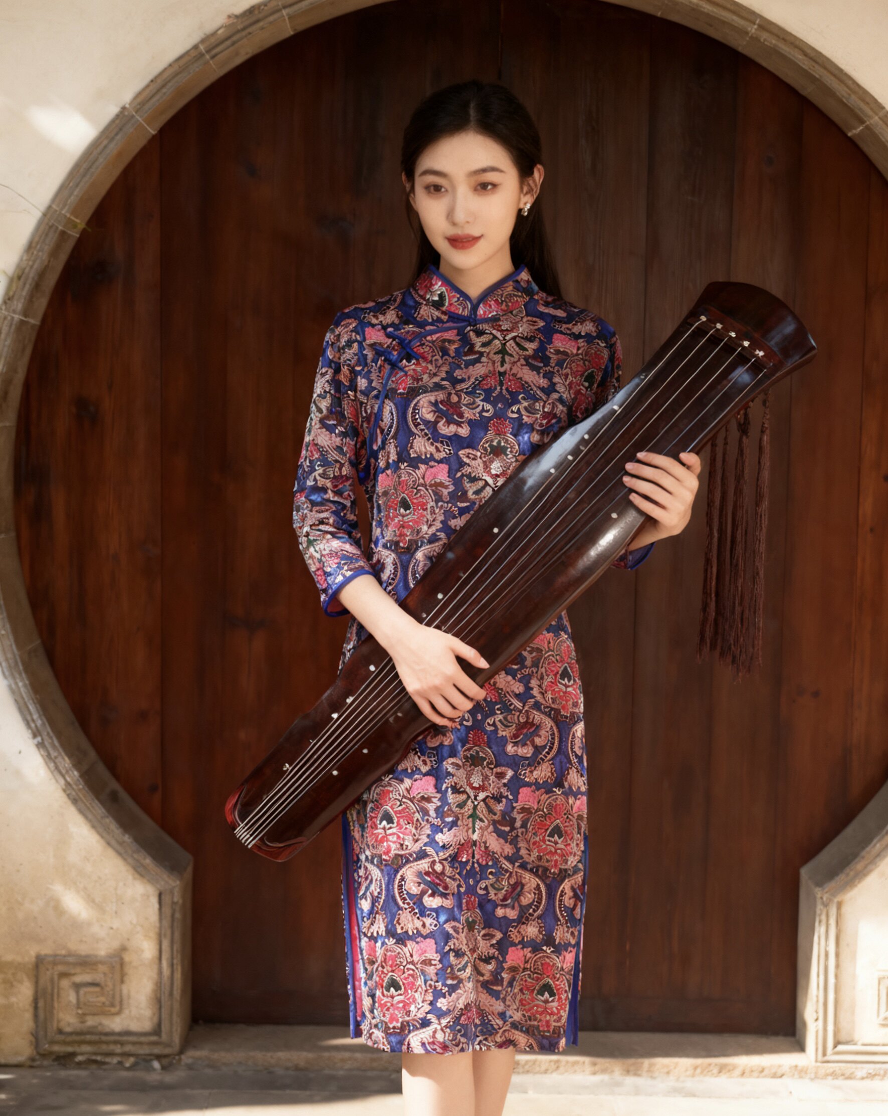 云水吟Xxl大码蓝红碎青花瓷民旗袍