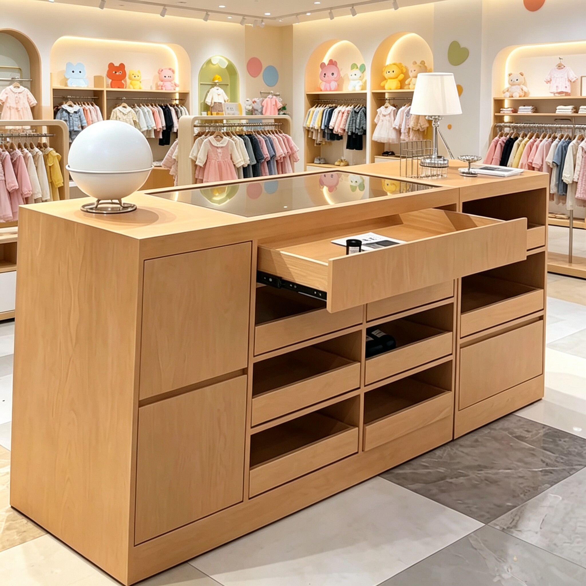 服装店收银台中岛柜童装店展示台图片