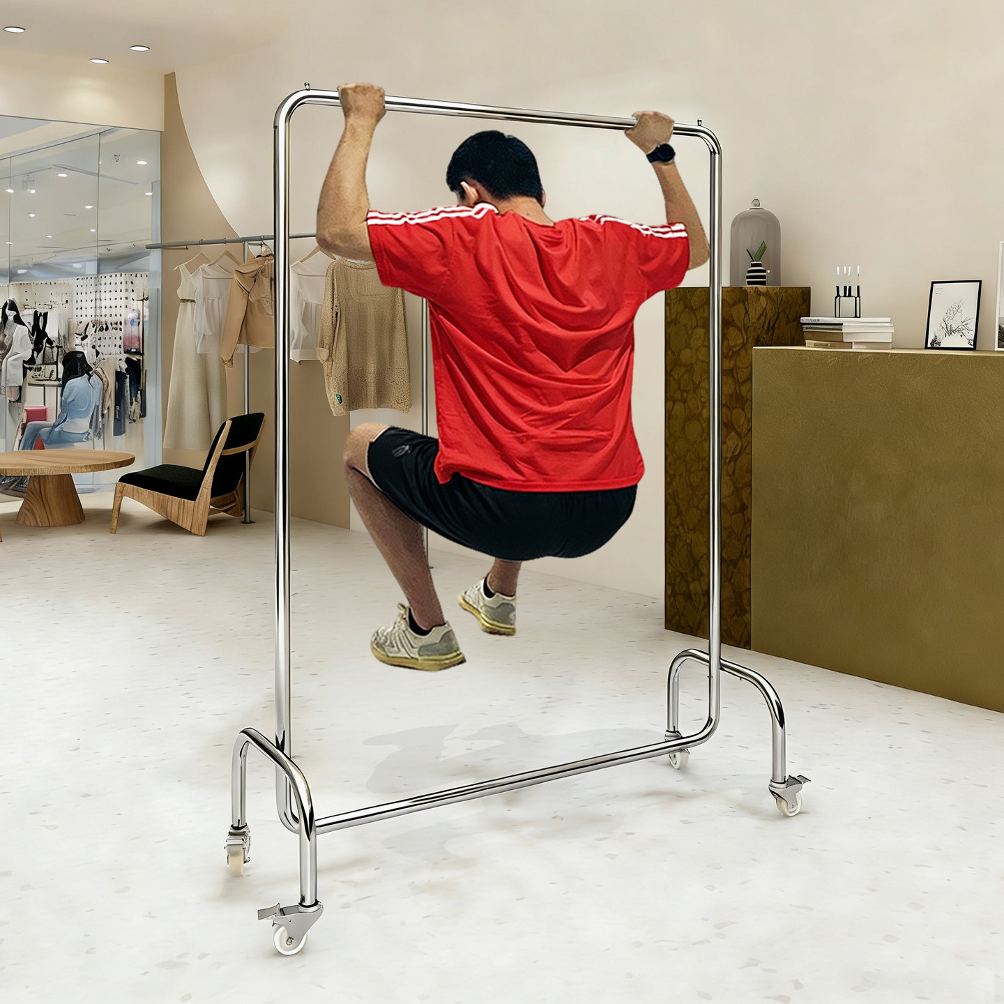 加厚不锈钢带轮中岛服装展示架图片