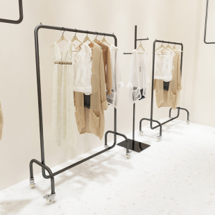 服装 店带轮子落地衣架陈列架 店展示架不锈钢电镀黑钛挂衣杆女装